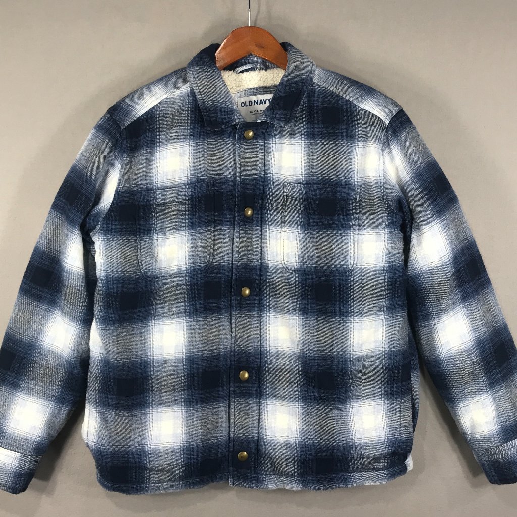 Old Navy Jacket Boy's Xl 14-16 Blue Plaid Shacket Sherpa Lined Soft Pockets
